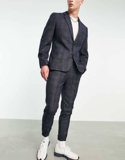 ASOS DESIGN tapered suit trouser with cuff in navy check