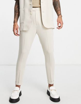 ASOS DESIGN tapered suit trousers in beige waffle
