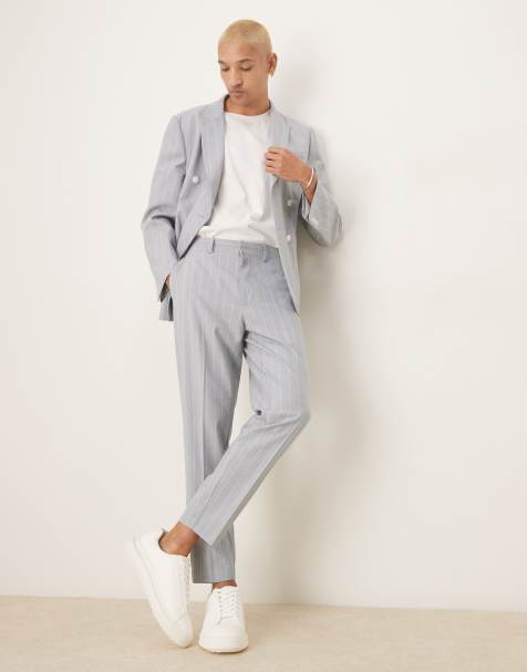 ASOS DESIGN tapered suit trousers in blue pinstripe with linen