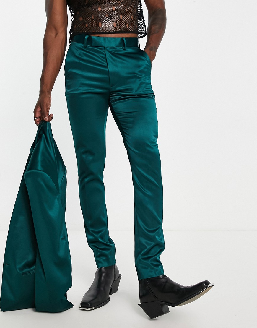 ASOS DESIGN tapered suit trousers in dark green satin