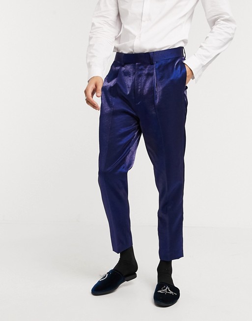 ASOS DESIGN tapered suit trousers in deep blue high shine
