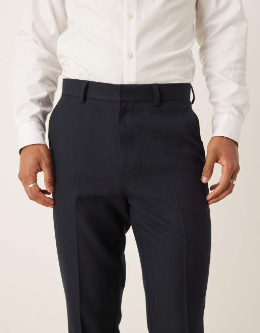 ASOS DESIGN tapered suit trousers in navy herringbone wool look, 2 of 5