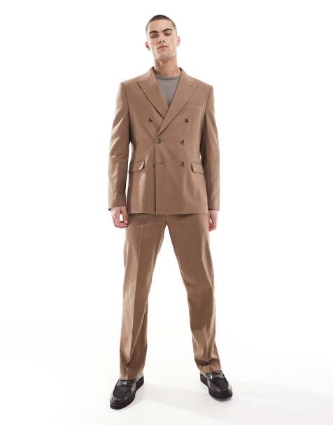 ASOS DESIGN tapered suit trousers with linen in brown - view 1