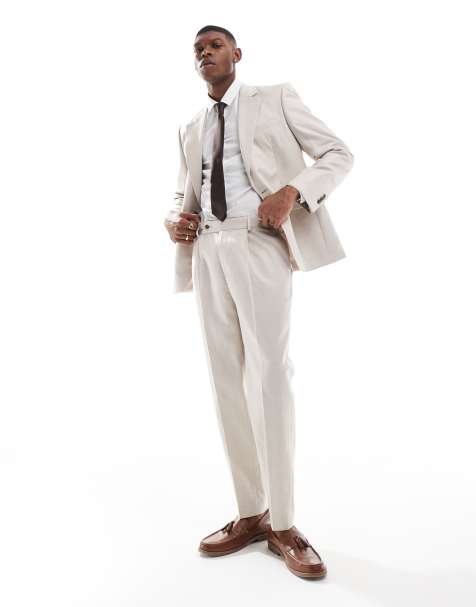 ASOS DESIGN tapered suit trousers with linen in stone twill - view 1