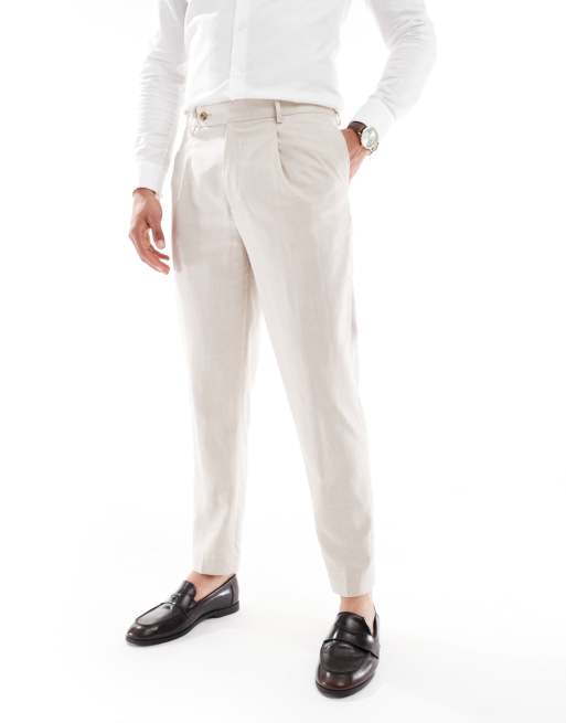 ASOS DESIGN tapered suit trousers with linen in stone twill, 2 of 5