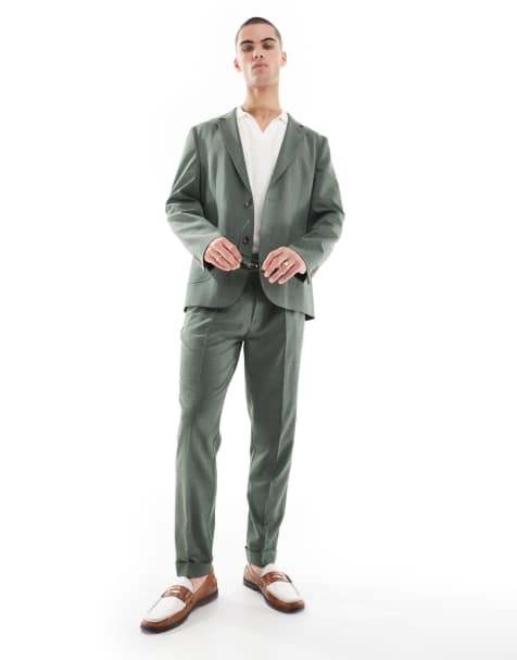 ASOS DESIGN tapered summer suit pants in green crosshatch with turn up hem - view 1