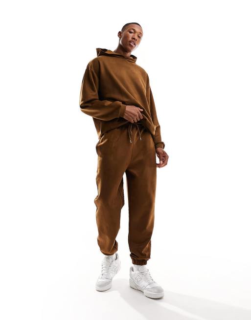 ASOS DESIGN tapered trackies in suedette texture in brown