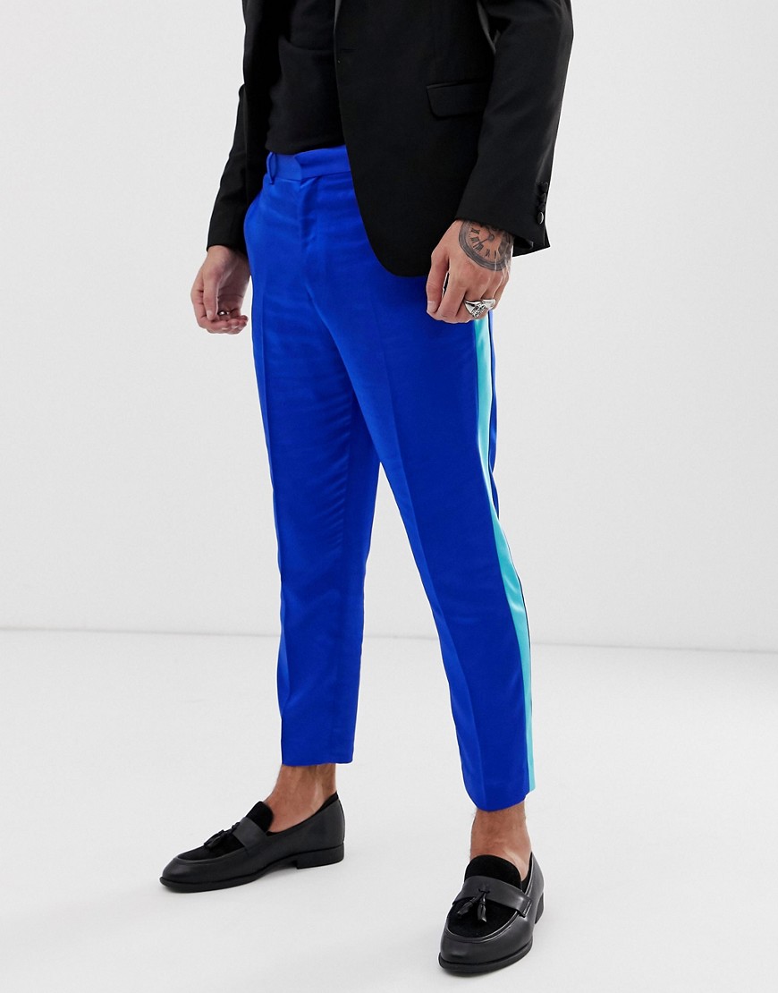 ASOS DESIGN tapered trousers in blue satin with side stripe