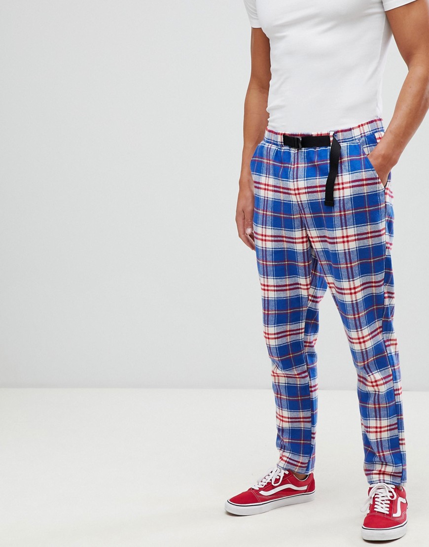 ASOS DESIGN tapered trousers in check with belt detail-Blue