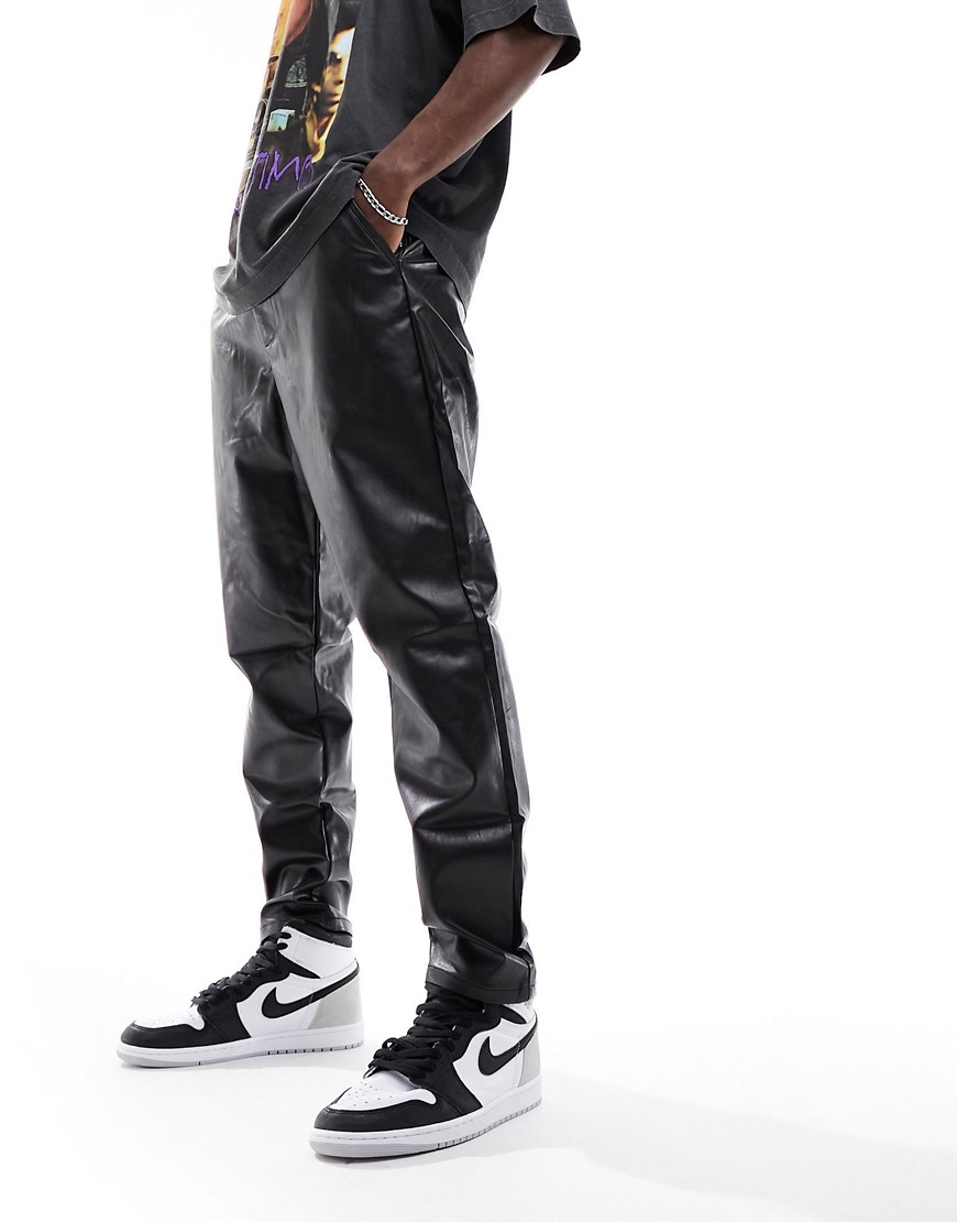 ASOS DESIGN tapered trousers in leather look black