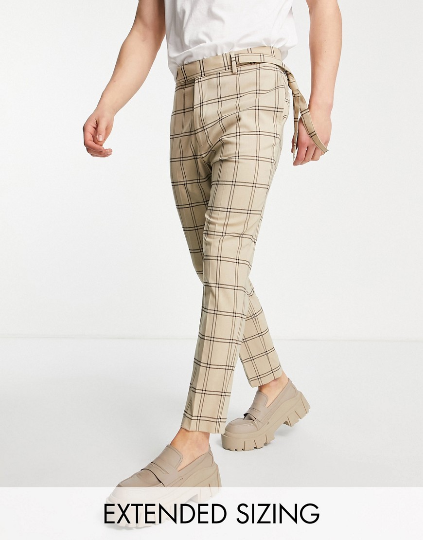 ASOS DESIGN tapered trousers with side belt in stone window check-Neutral