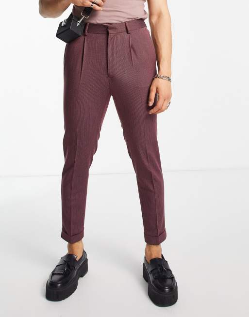 Asos Design Tapered Turnup Smart Pants In Burgundy Micro Texture Asos