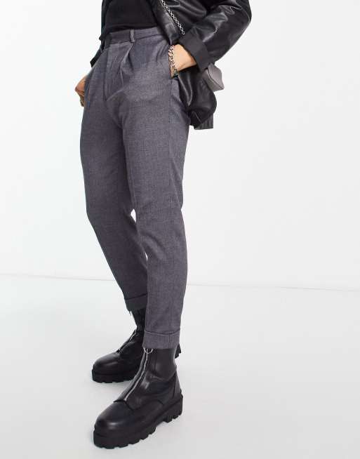 ASOS DESIGN tapered turnup smart pants in navy