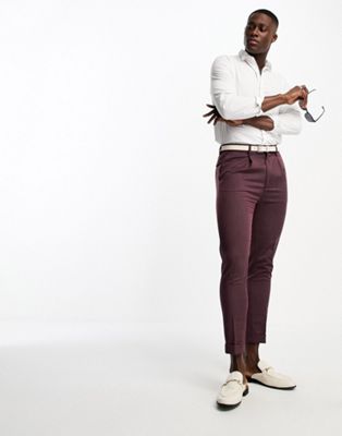 ASOS DESIGN tapered turnup smart trousers in burgundy texture