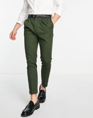 ASOS DESIGN tapered turnup smart trousers in khaki texture | ASOS