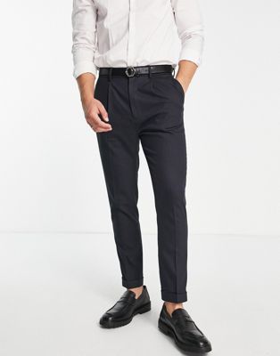 ASOS DESIGN tapered turnup smart trousers in navy texture
