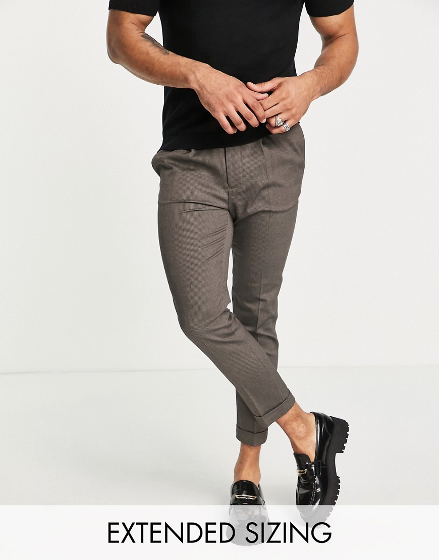 ASOS DESIGN tapered turnup smart trousers in textured camel with turn up-Neutral