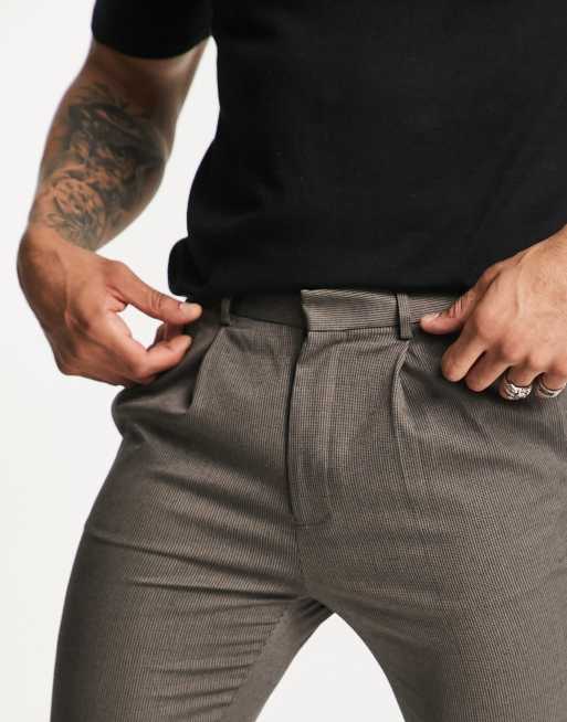 ASOS DESIGN tapered turnup smart trousers in textured camel with turn up, 3 of 4