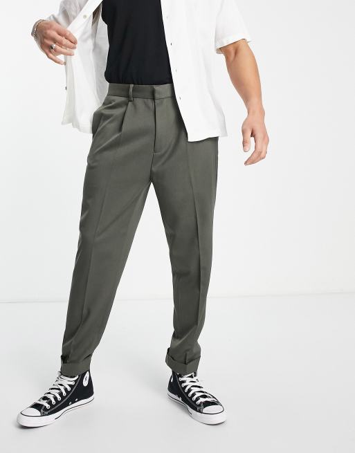 Asos Design Tapered Twill Smart Trousers With Turn Up In Khaki Asos