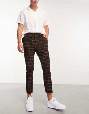 Asos Design Tapered Wool Mix Smart Pants In Brown Window Check