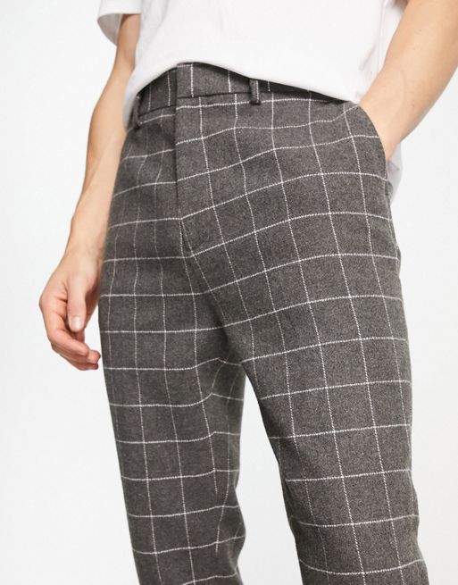 ASOS DESIGN tapered wool mix smart pants in charcoal window plaid