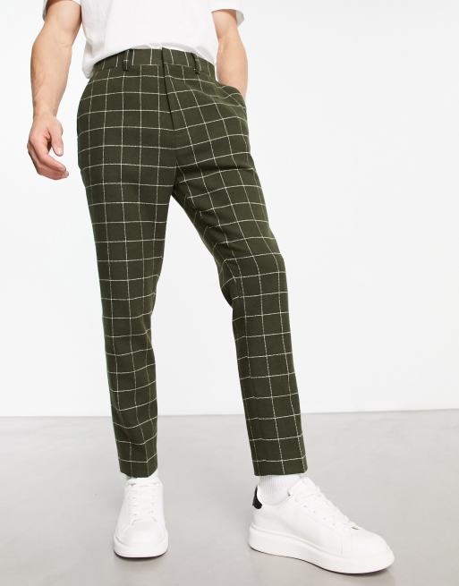 ASOS DESIGN tapered wool mix smart pants in dark green window plaid