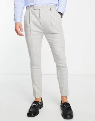 ASOS DESIGN tapered wool mix smart pants in gray windowpane check