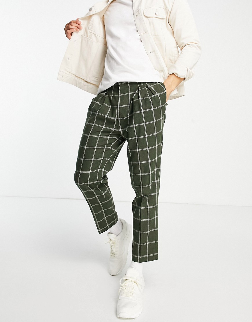 Asos Design Tapered Wool Mix Smart Pants In Khaki Windowpane Plaid-green
