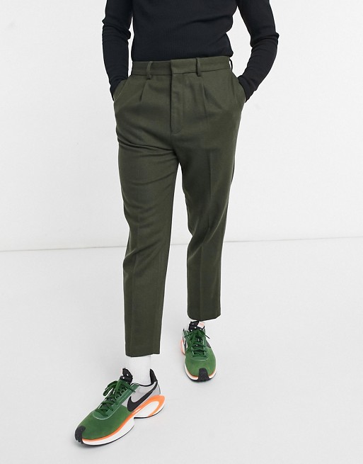 ASOS DESIGN tapered wool mix smart trousers in olive