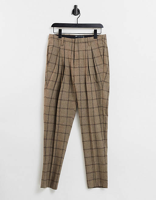 ASOS DESIGN tapered cropped wool mix smart trousers in camel check