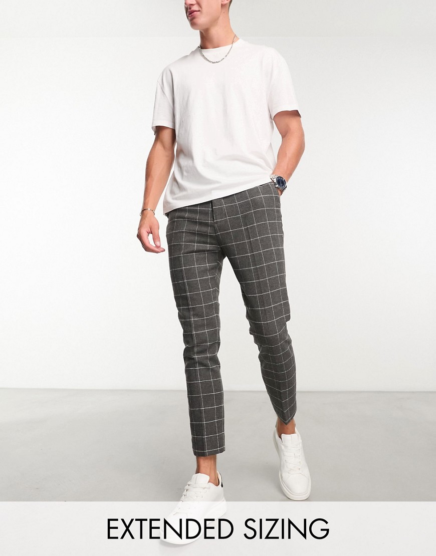 ASOS DESIGN tapered wool mix smart trousers in charcoal window check-Grey
