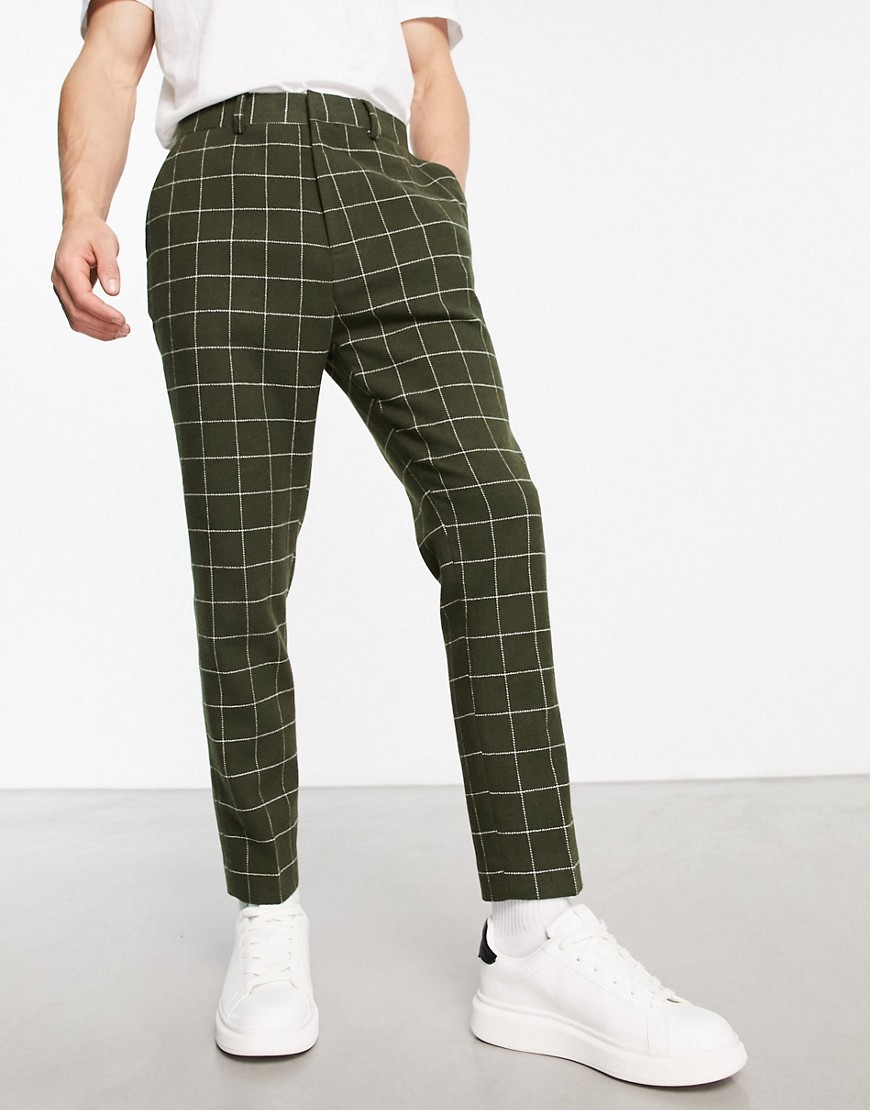 ASOS DESIGN tapered wool mix smart trousers in dark green window check