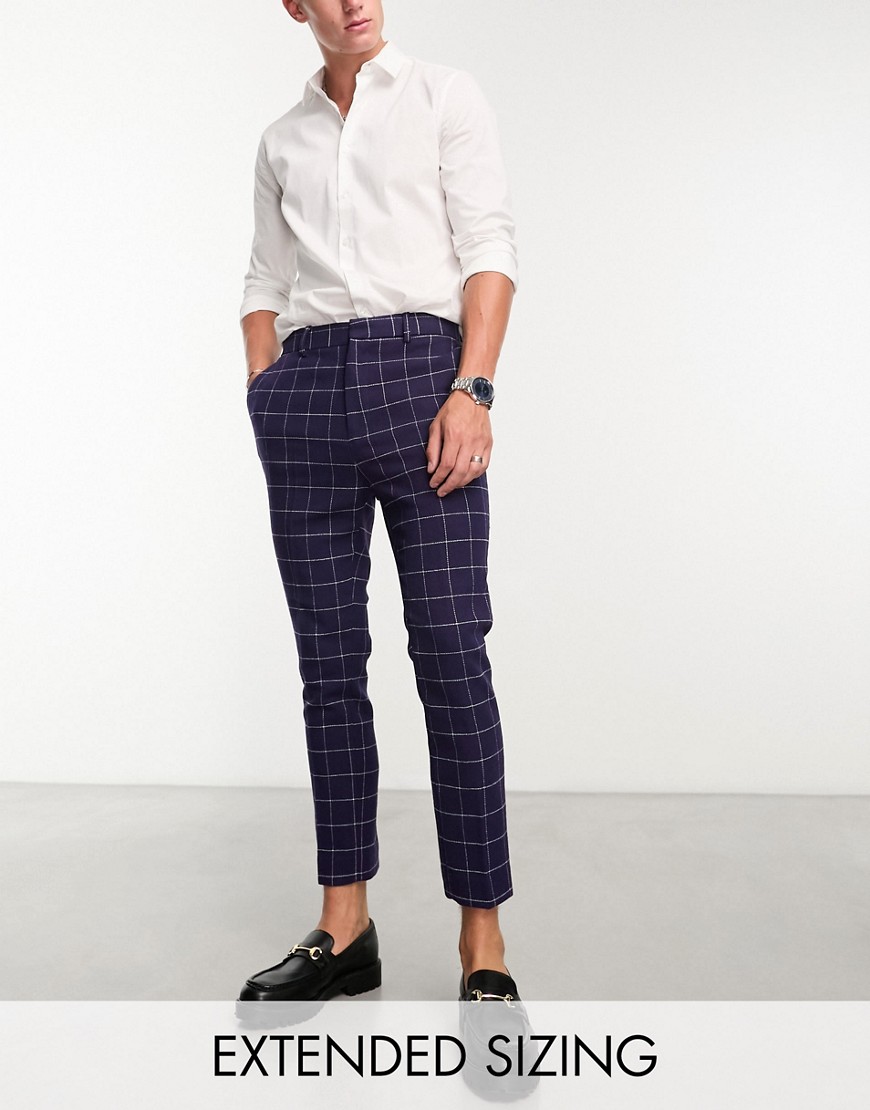 ASOS DESIGN tapered wool mix smart trousers in navy window check