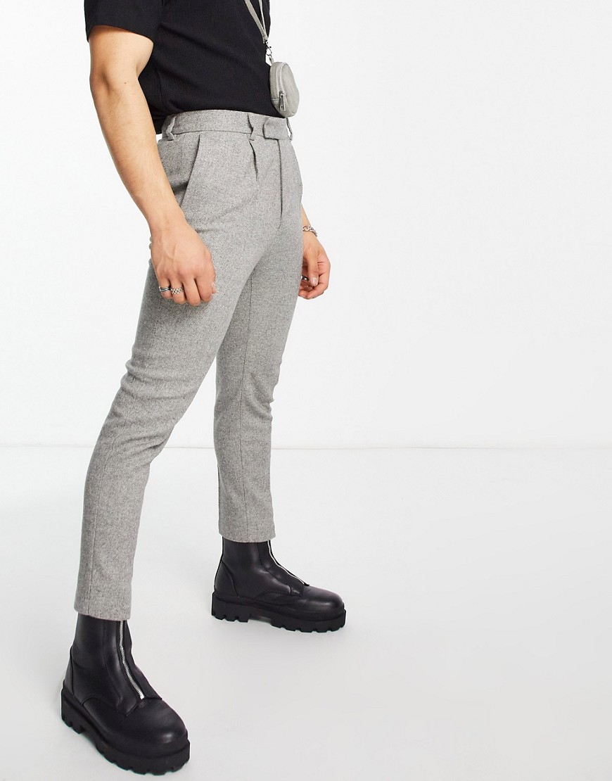 ASOS DESIGN tapered wool mix smart trousers in tweed light grey
