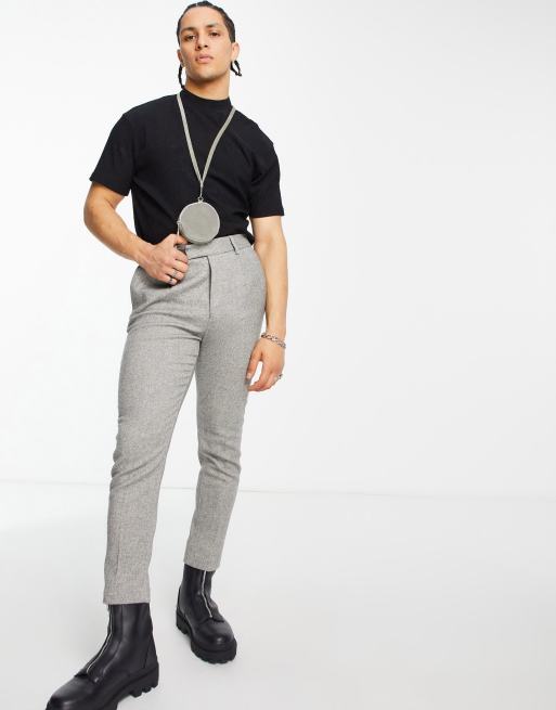 ASOS DESIGN tapered wool mix smart trousers in tweed light grey