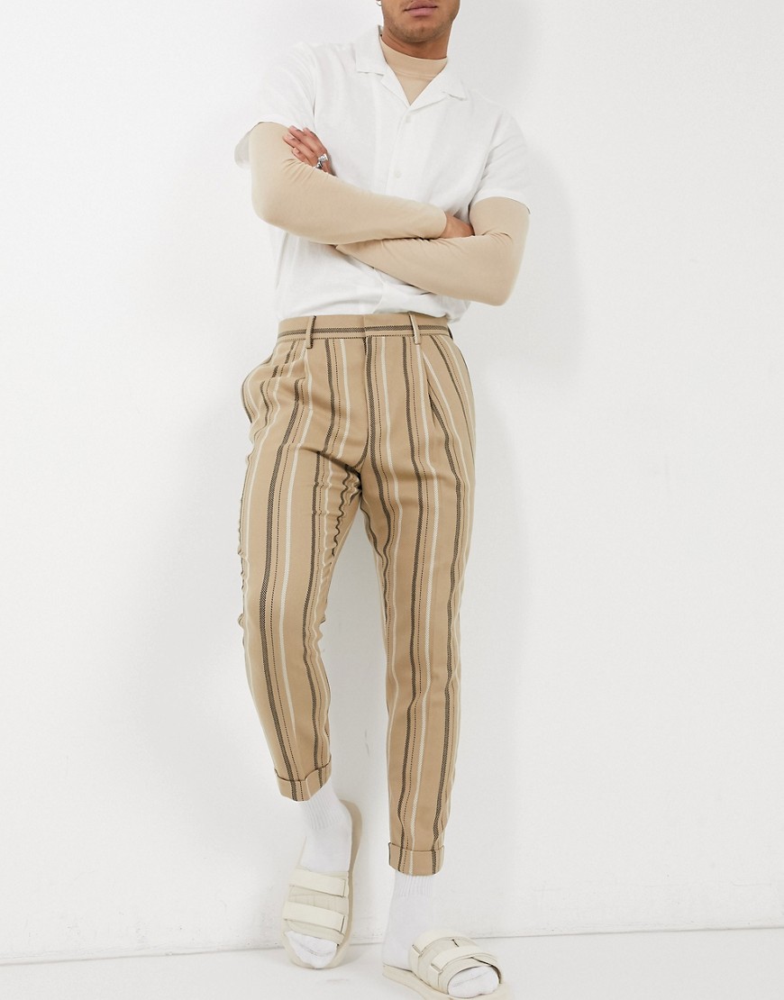 ASOS DESIGN tapered wool mix stripe smart pants with turn up-Brown