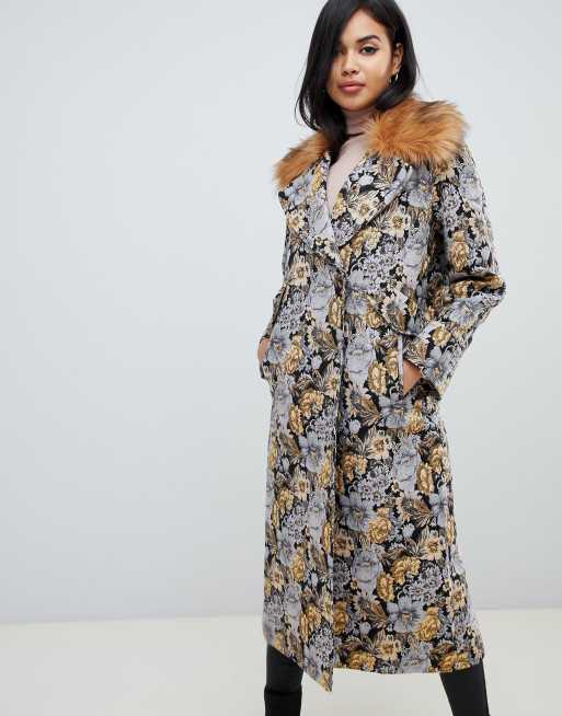 ASOS Tapestry Coat With Faux Fur Collar