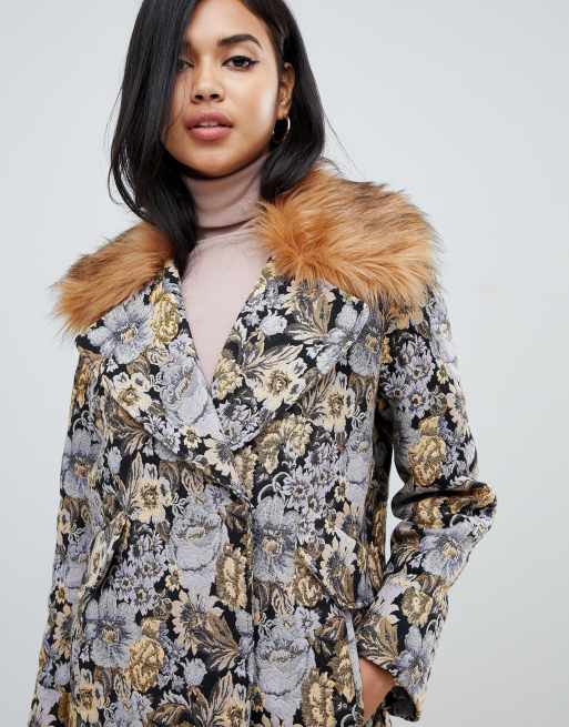 ASOS Tapestry Coat With Faux Fur Collar