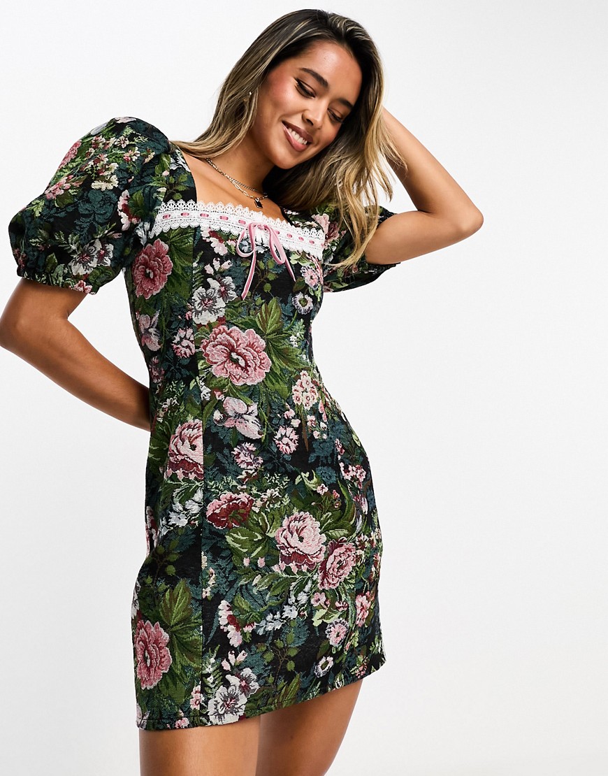 ASOS DESIGN tapestry milkmaid mini dress with ribbon detail in floral-Multi