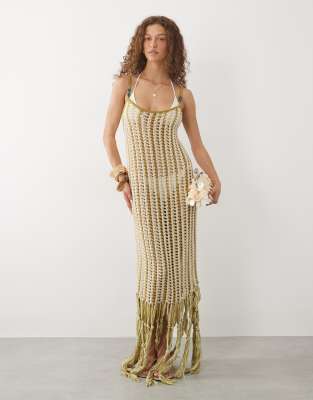 Tara - Maxi-Strandkleid in Limettengrün gestreift mit Makramee-Detail und Quasten Grün XS