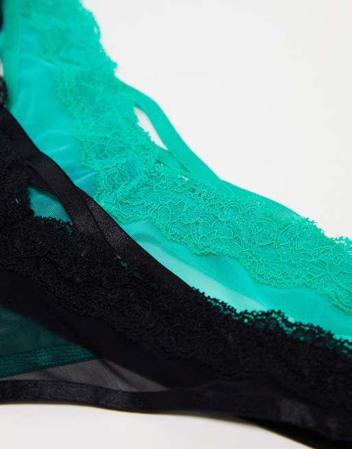ASOS DESIGN - Tara - Set van 2 strings van kant met mesh in zwart en felgroen, 4 van 4