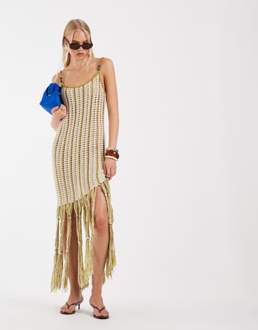 ASOS DESIGN Tara tassel macrame beach maxi dress in lime stripe, 2 of 4