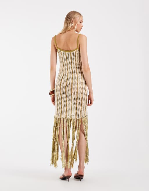 ASOS DESIGN Tara tassel macrame beach maxi dress in lime stripe, 4 of 4