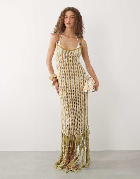 ASOS DESIGN Tara tassel macramé beach maxi dress in lime stripes - view 1