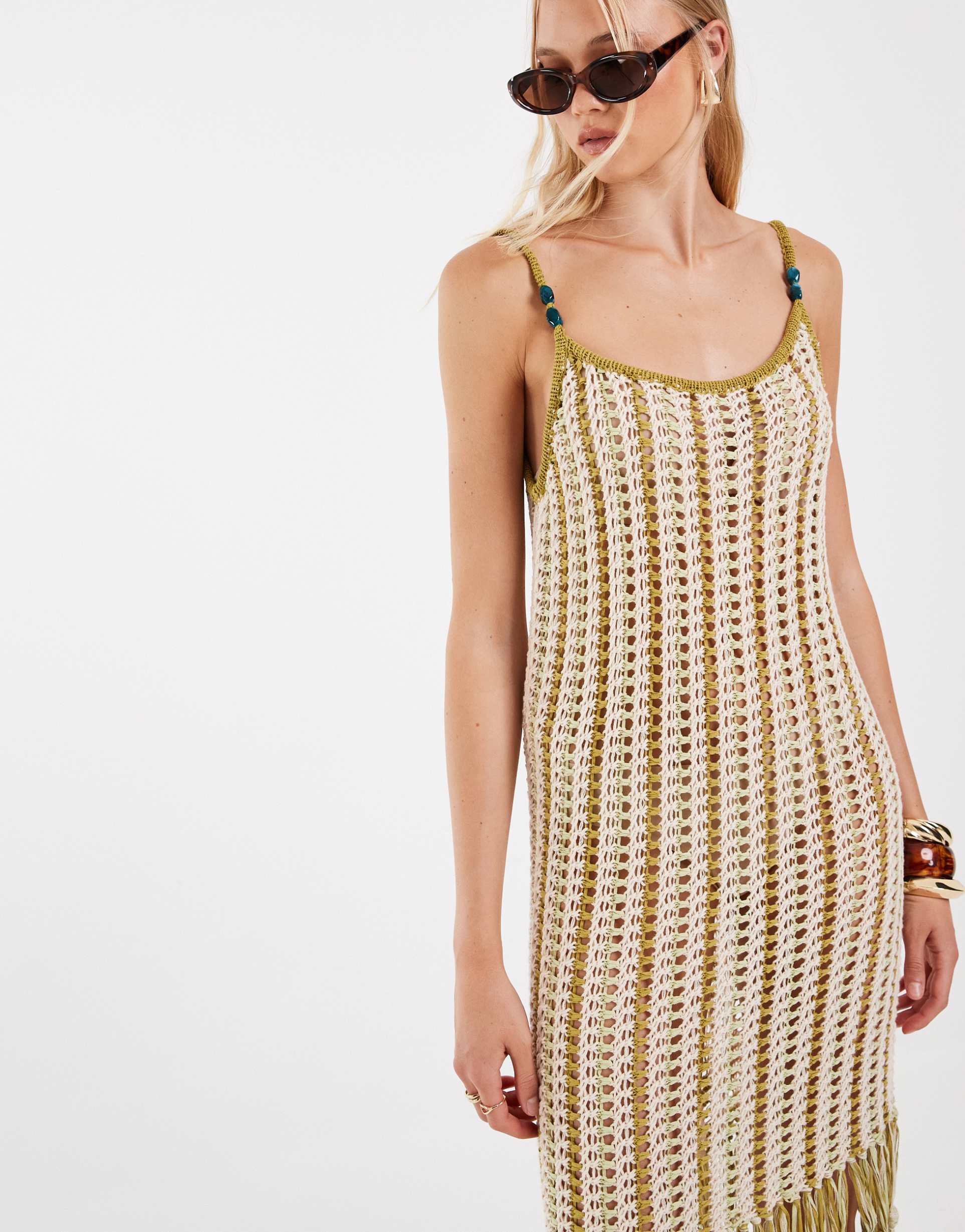 asos design tara tassel macramé beach maxi dress in lime stripes