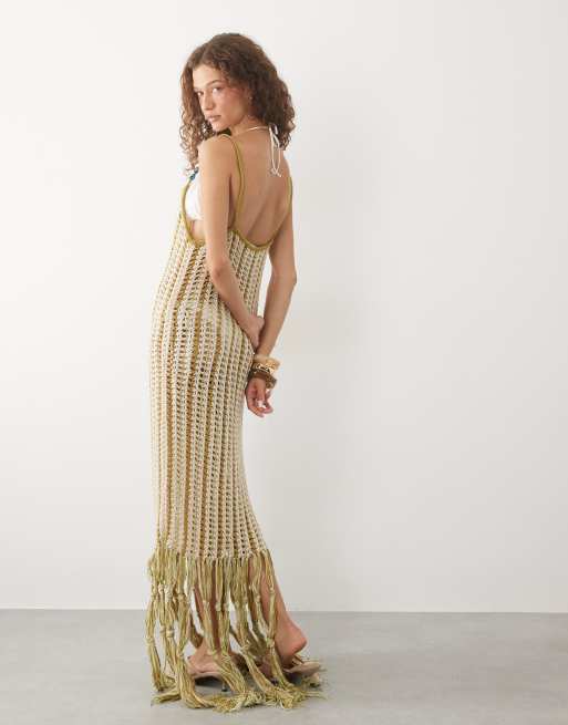 ASOS DESIGN Tara tassel macram beach maxi dress in lime stripes | ASOS