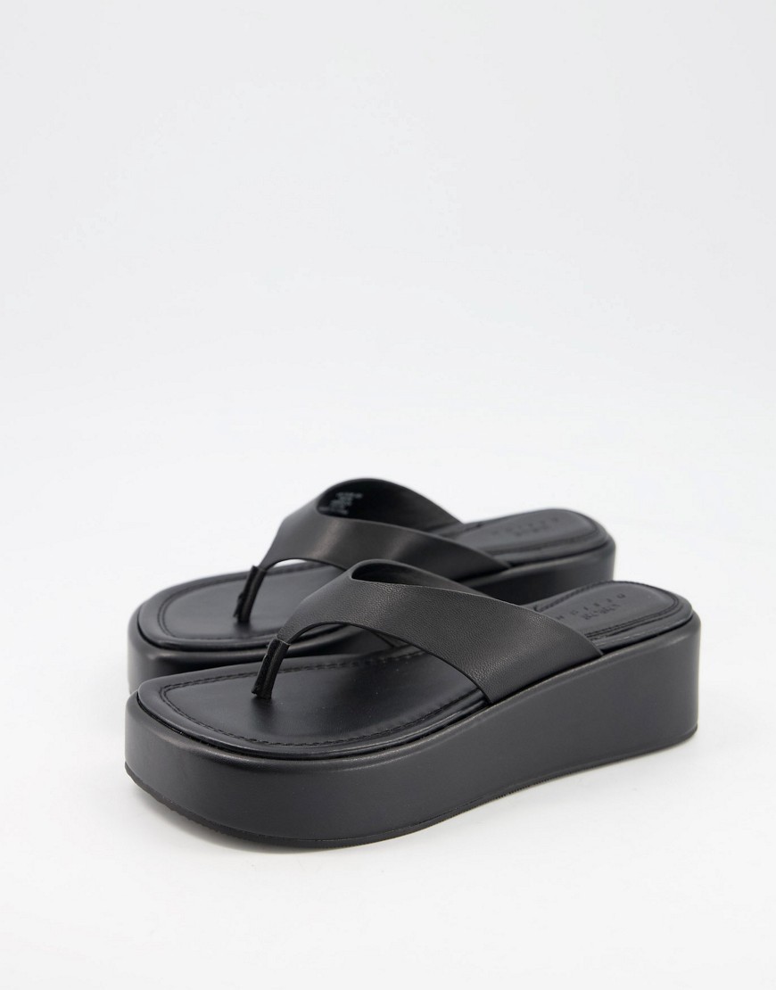 ASOS DESIGN Target premium leather toe post flatform sandals in black