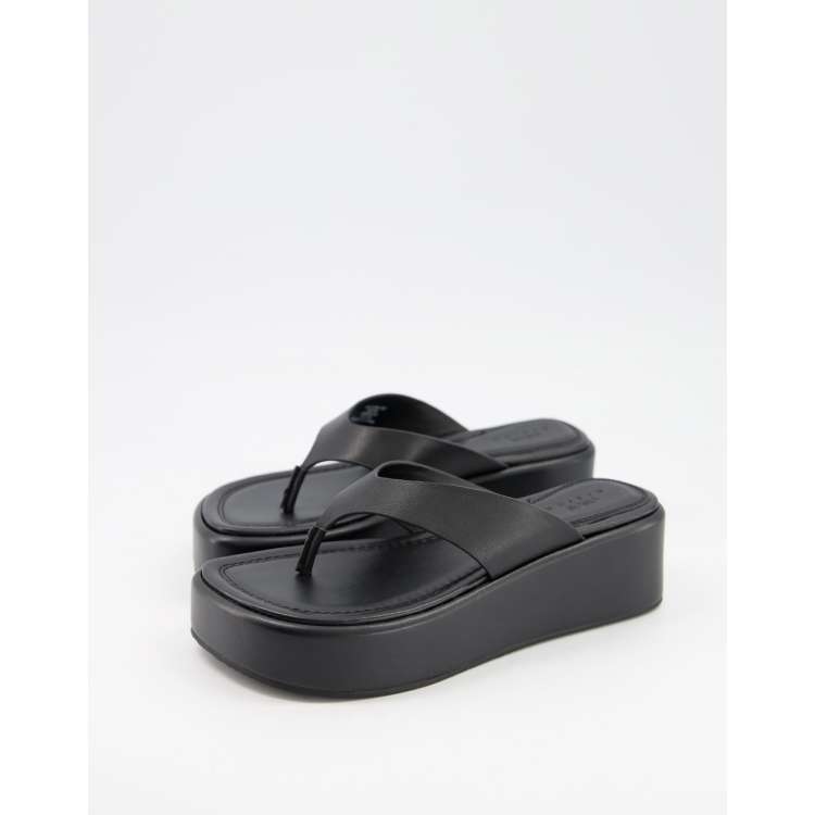 ASOS DESIGN Target premium leather toe post flatform sandals in black