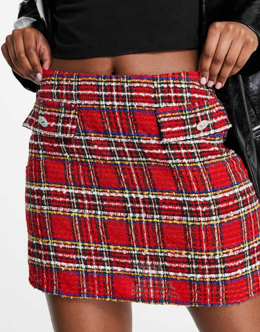 ASOS DESIGN tartan check boucle mini skirt with diamante button ASOS