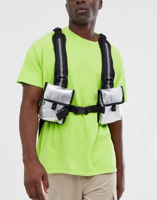 ASOS DESIGN - Tas met banden voor de borst in metallic zilver met mesh Zilver